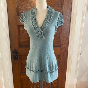 Heather B Knit Sage Green V-Neck top with Ruffle Design Size Small